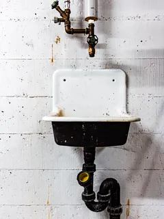 Lavello bianco e nero accanto al muro, ambiente antico