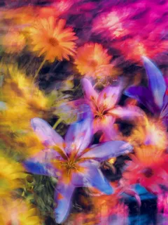 Mazetto di fiori colorati in un vaso trasparente su sfondo neutro