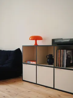 Soggiorno con divano e libreria moderna