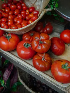 mazzo di pomodori su tagliere in legno fresco e rosso